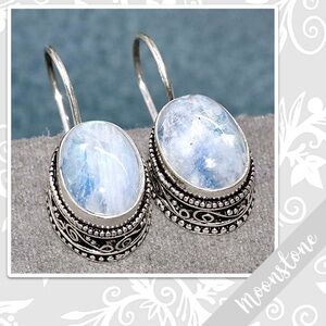 Rainbow Moonstone Silver Artisan Drop Dangle Earrings, 1.2” (Pearl White, Blue)